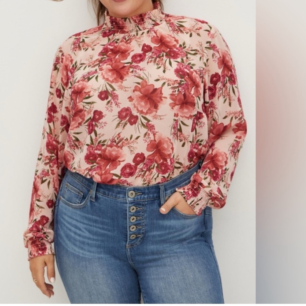 Torrid Floral Sheer Mock Neck Blouse Womens 1X Pink Long Sleeve Pullover Flowy